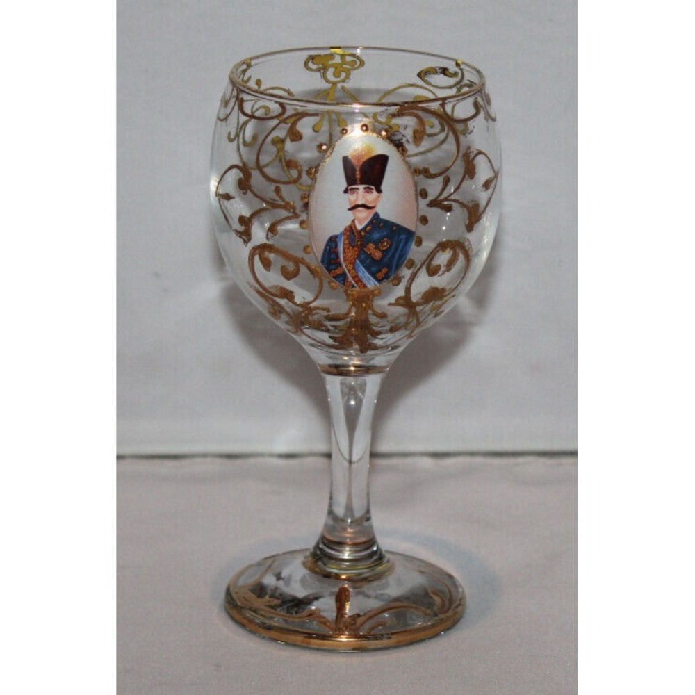 antique Naser al-Din Shah Qajar of Persia stemmed wine glass clear w/ gold trim - Picture 2 of 10
